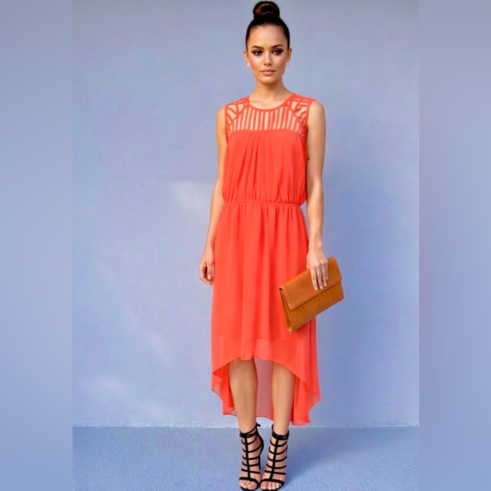 Thalia Sodi Coral High Low Dress L Cage Neck Sleeveless Chiffon Overlay Party